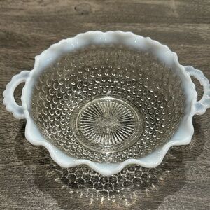 Moonstone Two Handled Bowl  Anchor Hocking Glass Hobnail Clear Opalescent Fenton